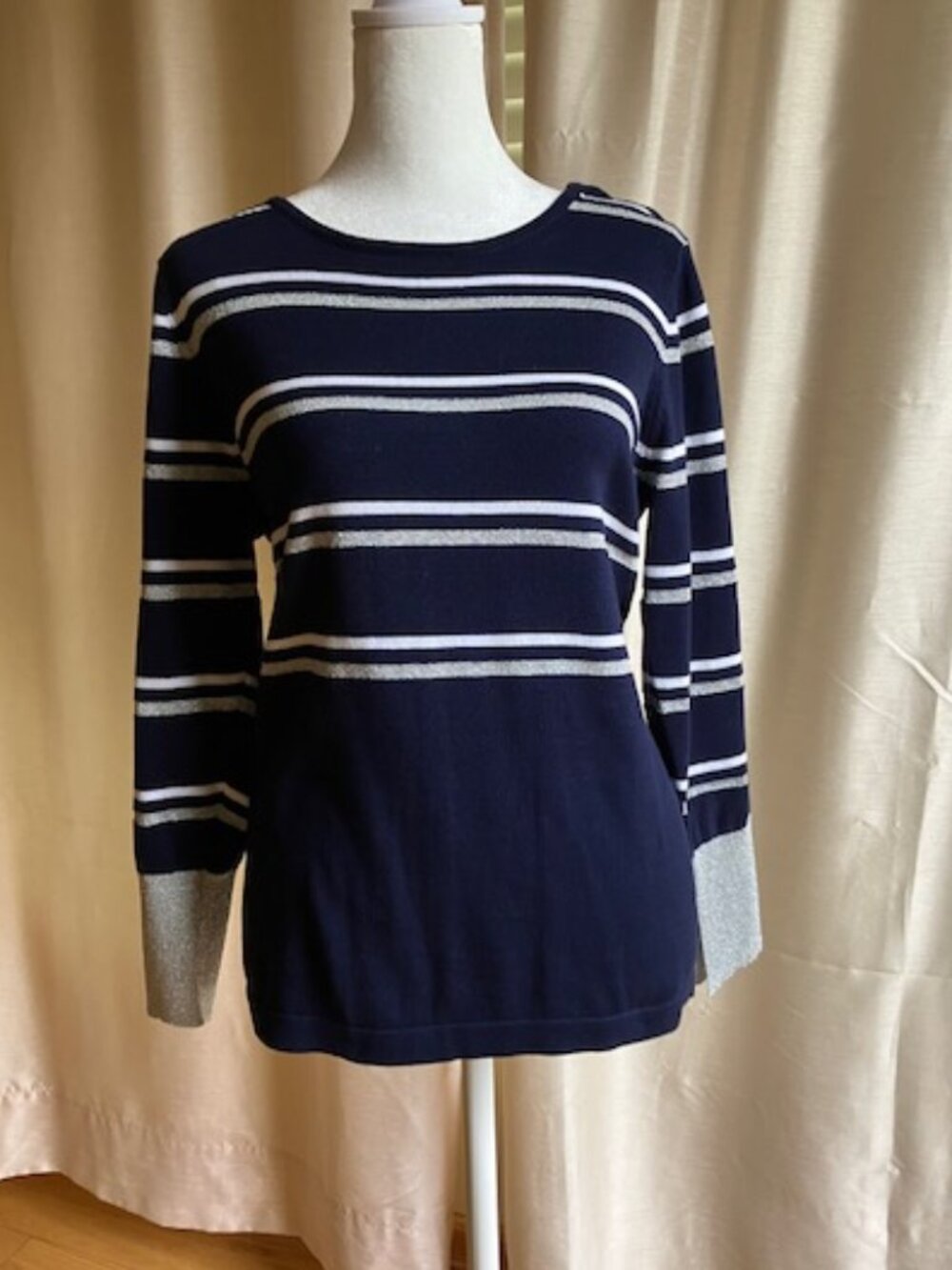 Joan Vass Sweater in Navy Blue, White, and Silver Stripe, Pull-over style M